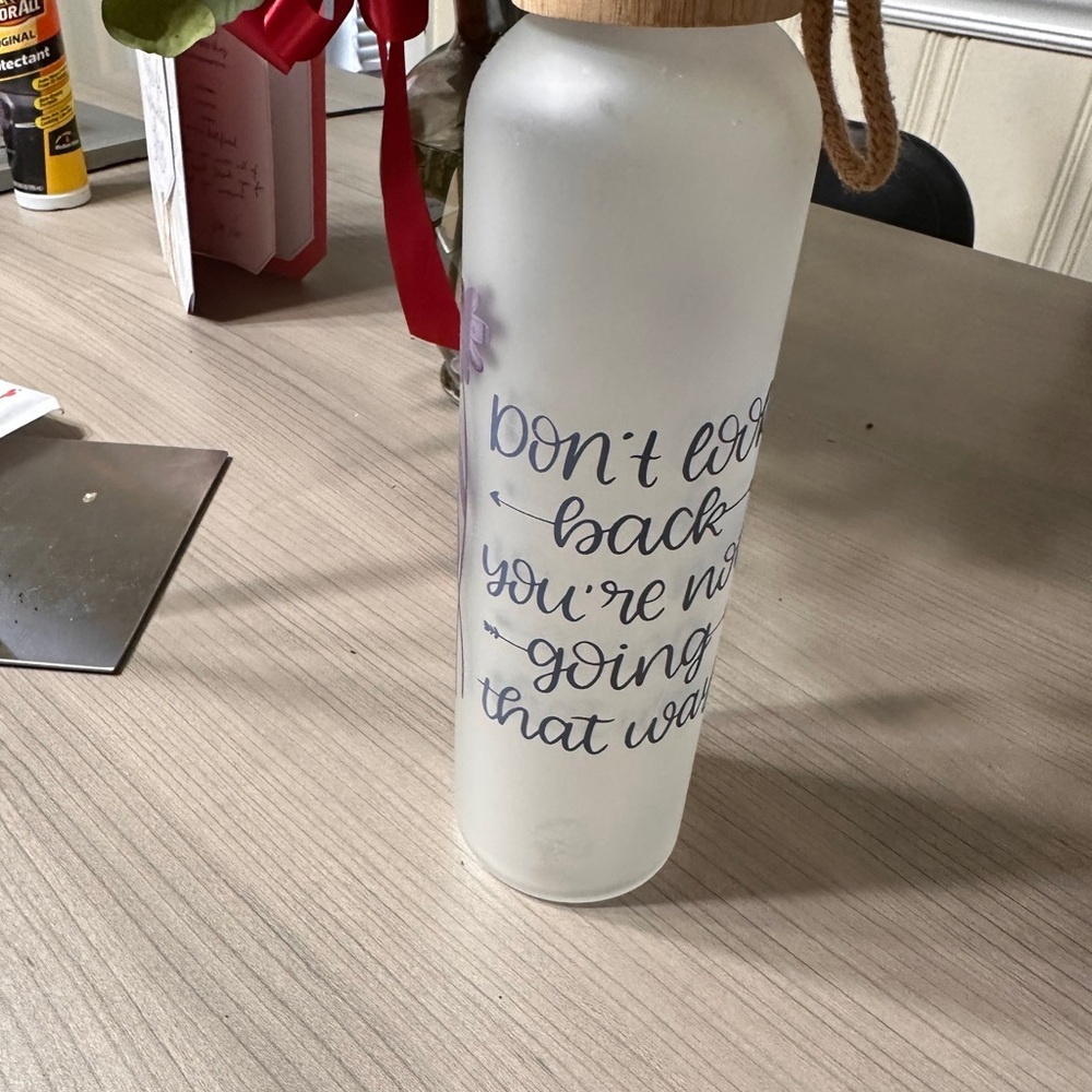 Inspirational Frosted Glass Water Bottle with Purple Design - Picture 2 of 6